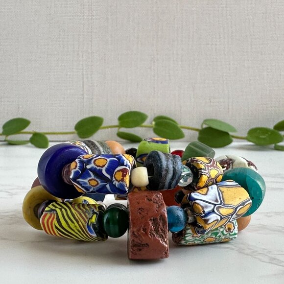 Venetian Millefiori Beads, African Trade Beads, Gemstone Memory Wire Bracelet - Picture 7 of 12